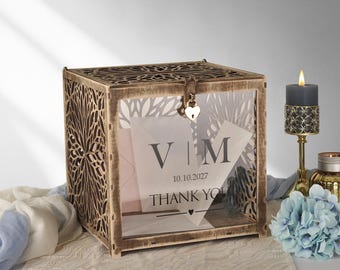 Caja rústica para tarjetas de boda con diseño de flores silvestres y cerradura, de madera contrachapada de abedul.