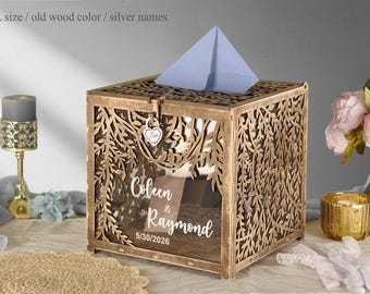 Caja para tarjetas de boda totalmente ensamblada, soporte de sobres de madera estilo bohemio, buzón personalizado con cerradura.