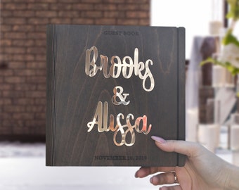 modern wood wedding guest book with golden names