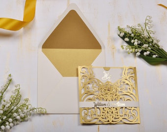 Laser Cut Wedding Invitation, Gold Foil Invitations