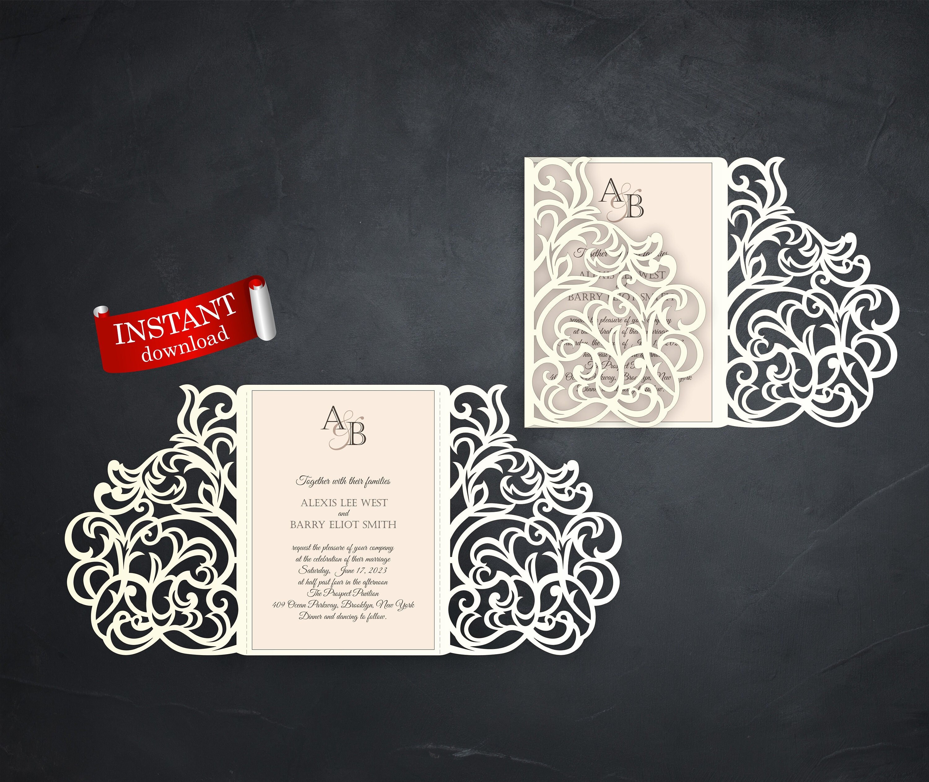 Laser Cut wedding invitation Template. SVG, EPS, DXF files, image size:3000x2527