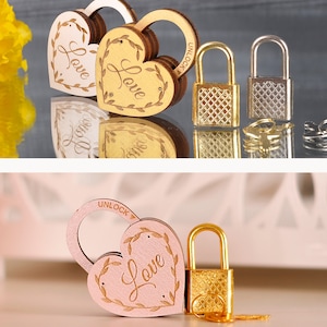 May include: Wooden heart-shaped decorative locks with the word "Love" and a metal padlock with a key. The heart locks are in light pink and natural wood tones. The padlocks are gold and silver.