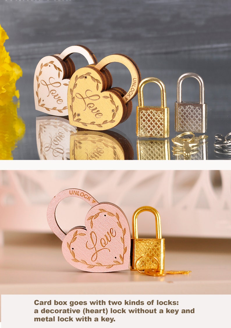 May include: Wooden heart-shaped decorative locks with the word "Love" and a metal padlock with a key. The heart locks are in light pink and natural wood tones. The padlocks are gold and silver.