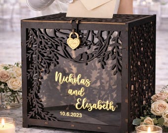 Caja para tarjetas de boda gótica, madera contrachapada de abedul negro, monedero personalizado con cerradura