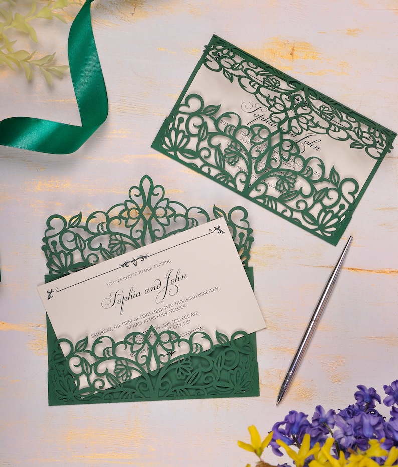 Laser cut wedding invitations green wedding invitations lace Etsy