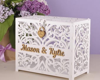 Caja para tarjetas de boda góticas en negro y dorado, soporte de madera contrachapada de abedul