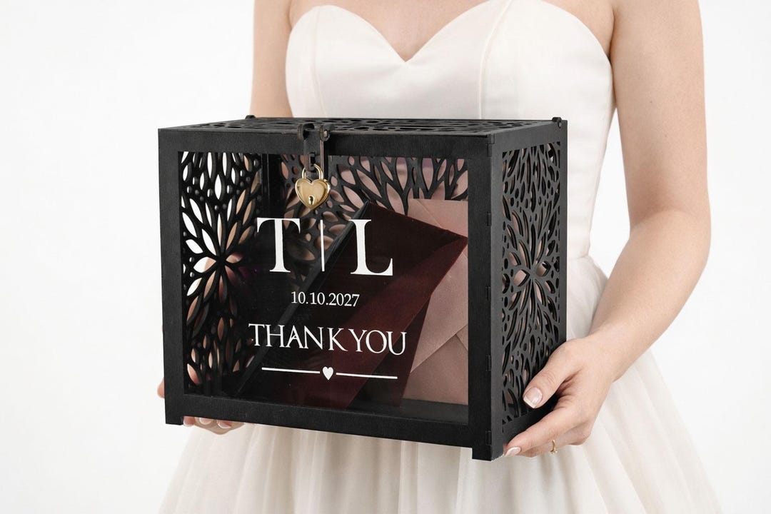 Black Wedding Card Box With Lock, Fully Assembled Envelope Holder ...