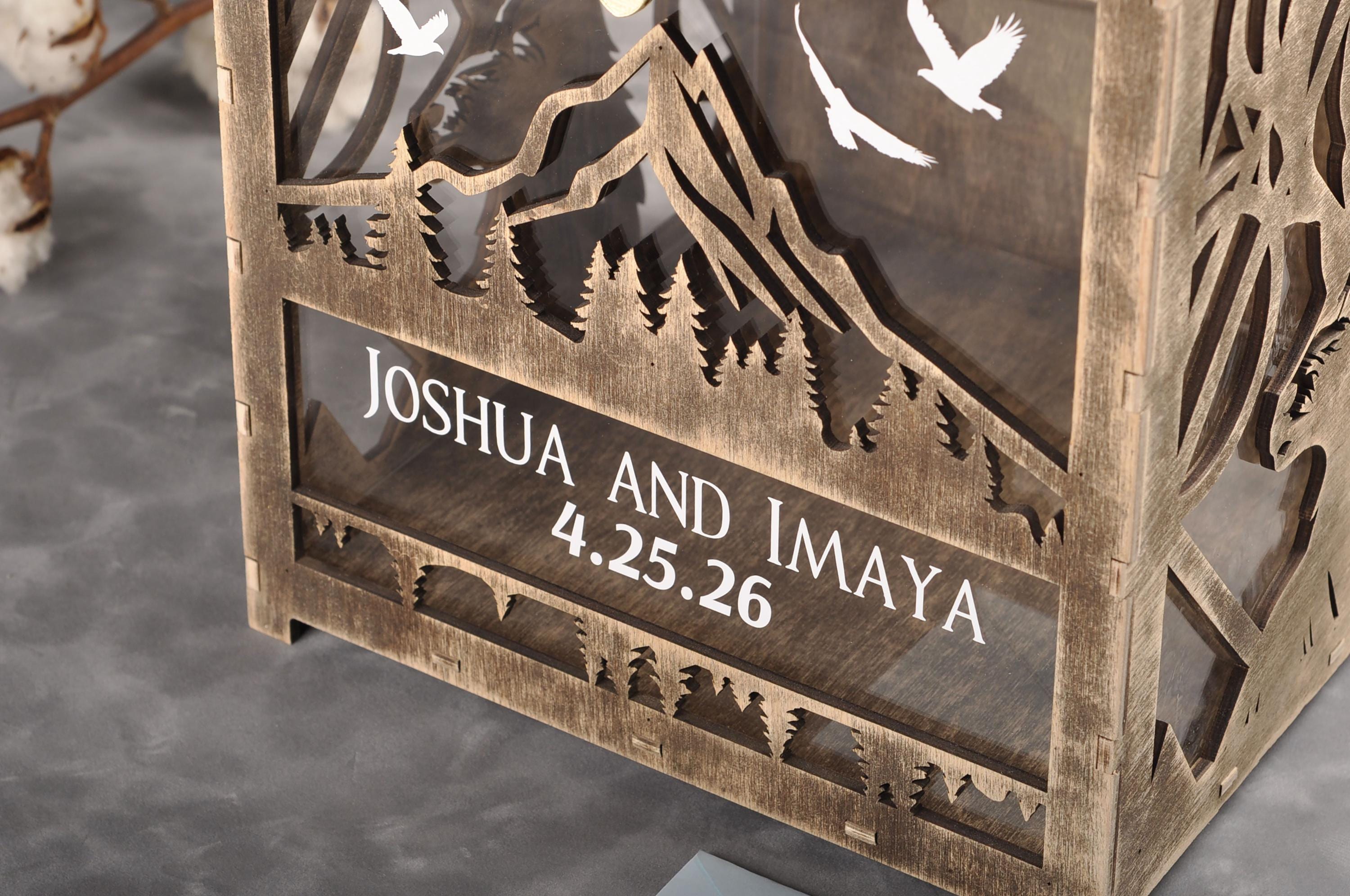 Rustic Wooden Wedding Card Box With Mountain & Deer Design, Wedding ...