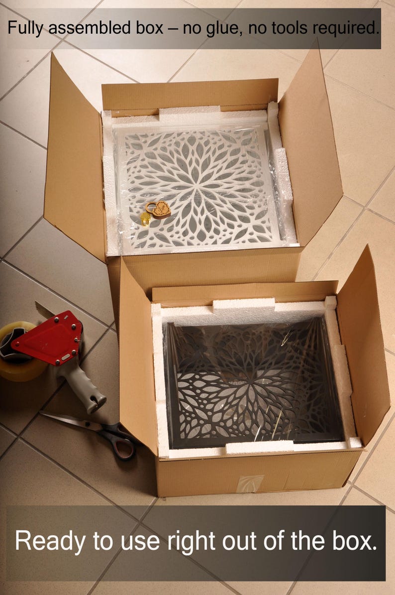 May include: Two open cardboard boxes, one with a white floral design and the other with a black floral design. The boxes are ready to use, fully assembled, and require no glue or tools. Text on the image reads: "Fully assembled box - no glue, no tools required." and "Ready to use right out of the box."