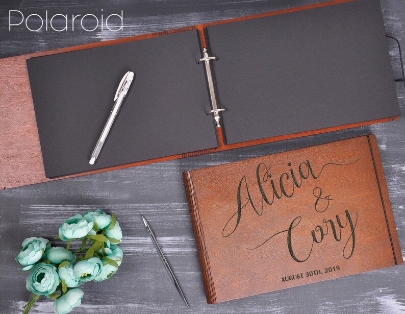 Photo Guest Book Guest Book Black Pages Wooden Wedding Guest Etsy