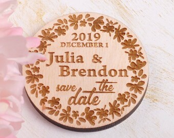 Custom Wood Save the Date Magnets: Floral Wreath Design