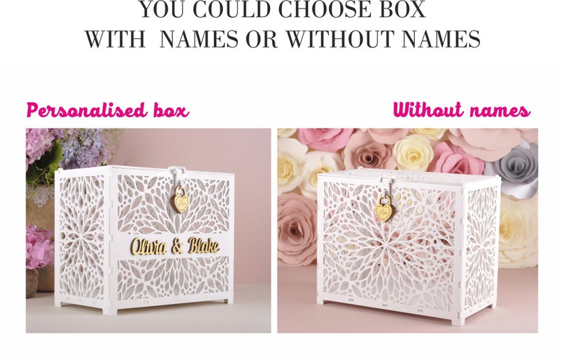 May include: White, laser-cut wooden box with a floral design. The box is available with or without names. The box has a heart-shaped lock. The text "Olivia & Blake" is visible on the personalized box.