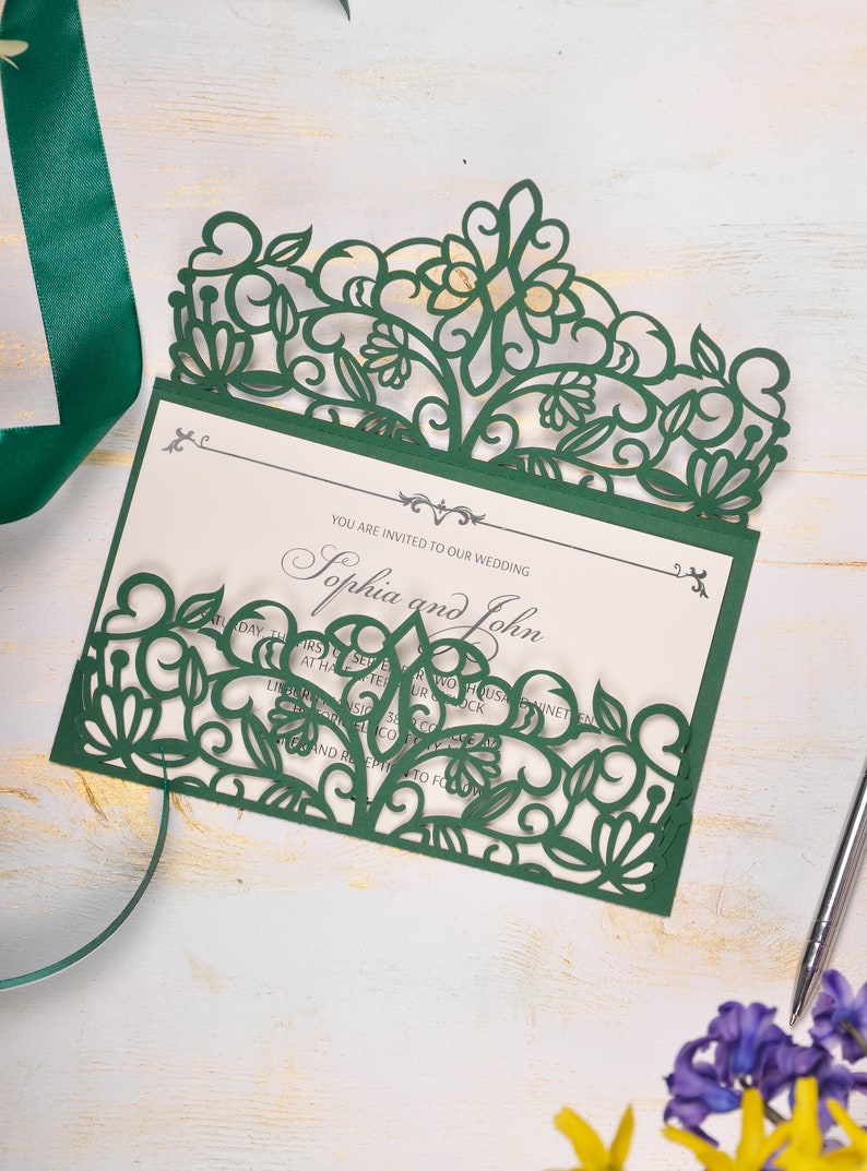 Laser cut wedding invitations green wedding invitations lace Etsy
