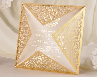 Convites de casamento cortados a laser em folha de ouro