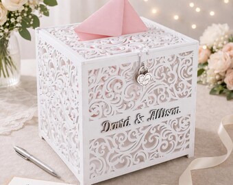 Caja para tarjetas de boda de madera contrachapada de abedul blanco – Diseño ornamentado cortado con láser con cerradura