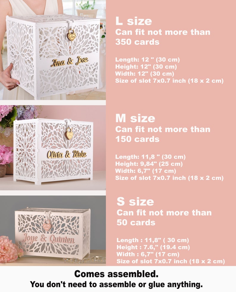May include: White laser-cut wooden card boxes in three sizes, each with a decorative floral pattern. The boxes feature names in gold lettering and a heart-shaped lock. The largest box is 12 inches (30 cm) in length, height, and width.