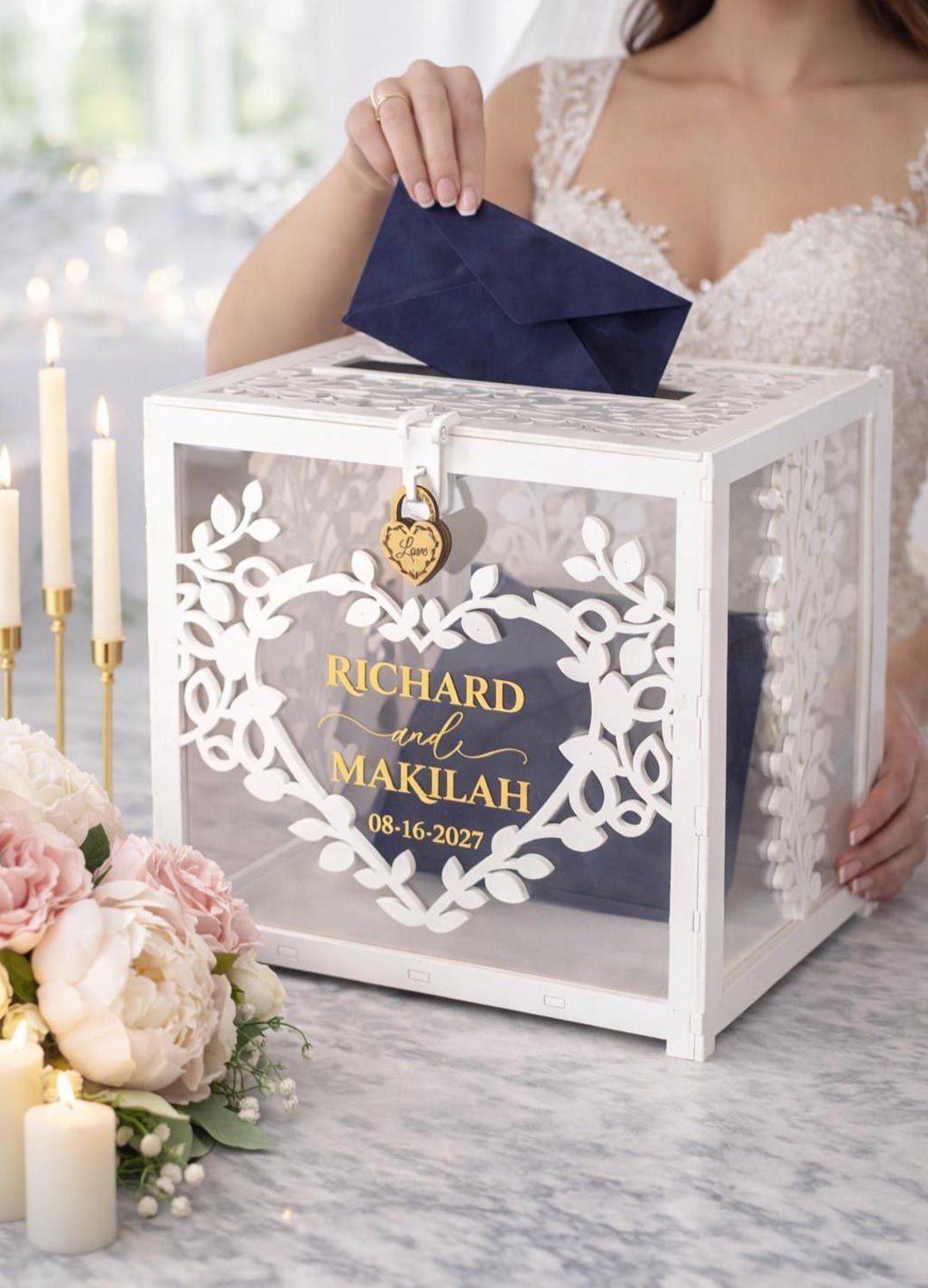 White Wedding Card Box With Lock, Fully Assembled Gift Envelope Holder ...