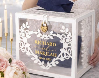 Caja blanca para tarjetas de boda con cerradura, porta sobres de regalo totalmente ensamblado para bodas clásicas.