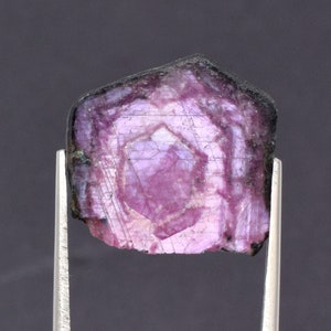 May include: A cut gemstone with a layered, concentric pattern in shades of pink and purple, held by silver tweezers. The stone has a dark, almost black, outer edge and a lighter, central core.