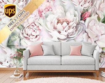 Watercolor Peony Wallpaper. Peonies Removable Wallpaper. Teen Girls Room Decor. Floral Wallpaper Mural Flowers. Flower Wallpaper Decor KM232