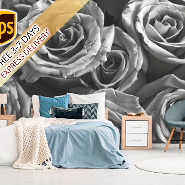 Rose Flowers Wallpaper - Black and White Wallpaper - Wallpaper Peel & Stick - Non Woven Wallpaper - Watercolor Wallpaper Bedroom WP74