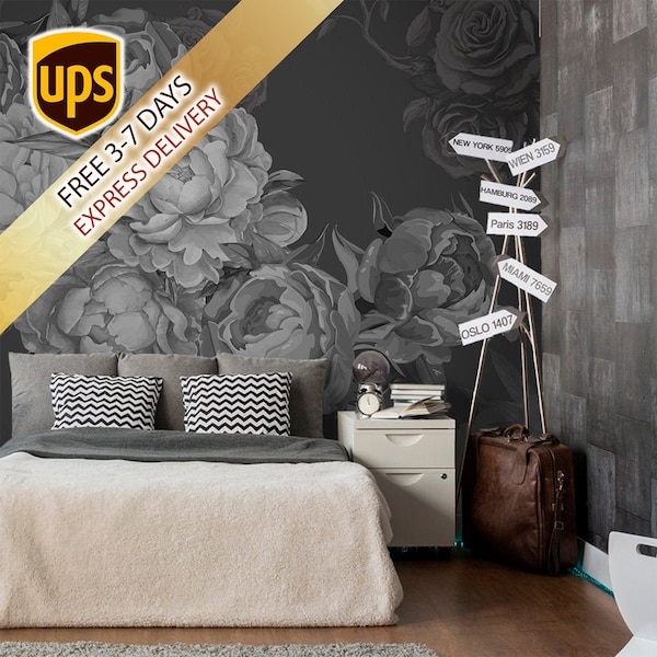 Dark Peony Flowers Wallpaper - Black and White Wallpaper - Self Adhesive Watercolor Removable - Non Woven Wallpaper -  Wallpaper Bedroom Z34