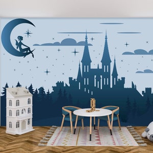 Fairy Castle Wallpaper Mural, Blue Wizard's Castle Wall Decor, Magic Castle Wall Mural Girls Room, Moon Stars Wall Paper Peel and Stick