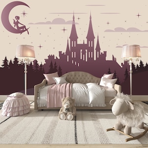 Fairy Castle Wallpaper Mural, Princess Castle Wall Mural Girls Room, Moon Stars Wall Paper Kids Removable, Purple Wizard's Castle Wall Decor