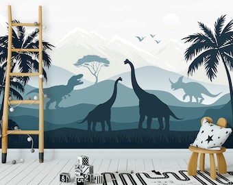 Dinosaur Wallpaper Removable Boys Room Mountains Wallpaper Nursery Blue Ombre Jurassic World Large Wall Mural Kids Trex Brachiosaurus Tropic