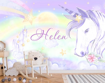 Unicorn Wallpaper Personalized Name, Unicorn Wallpaper Baby Girls Room, Rainbow Wall Mural Kids Peel and Stick,  Stars Accent Wall Decor