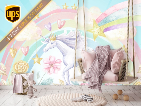 Unicorn Accent Wallpaper Girls Room. Unicorn Theme Wall Mural | Etsy