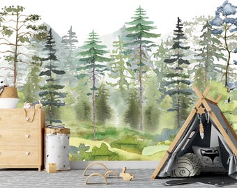 Woodland Wallpaper Boys Room Removable, Green Forest Wall Mural Nursery, Mountain Accent Wall Art Kids, Watercolor Landscape  Wallpaper KM10