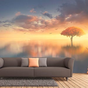 Lake Wallpaper, Landscape Trees Wall Mural Water with Birds Mural Flying Birds Mural Water with Birds Mural KM520