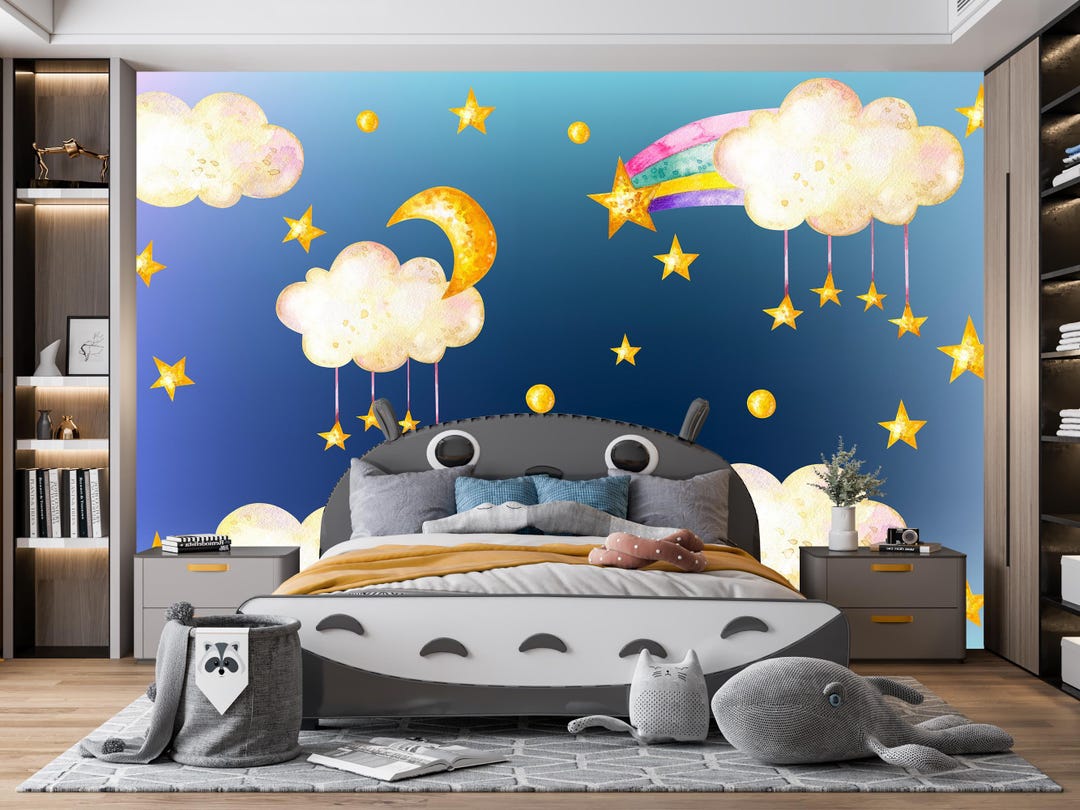 Moon and Stars Wallpaper Removable - Night Wallpaper for Nursery - Dark ...