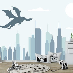 Town Wall Mural Self-adhesive, Dragon Wallpaper Boys Room, Buildings Houses Skyline Wallpaper City Wall Decor for Kids, Blue Wallpaper KM822