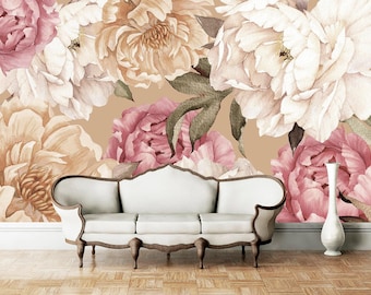 Peonies Wallpaper Living Room, Floral Wall Mural, Flowers Wall Girls Room, Pink Wallpaper Peony Peel & Stick, Modern Wall Art Peony KN808