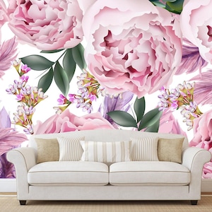 Pink Peony Wallpaper. Tender Peonies Wallpaper. Removable Floral Flowers Room Decor. Watercolor Wallpaper. Self Adhesive Wallpaper KM85