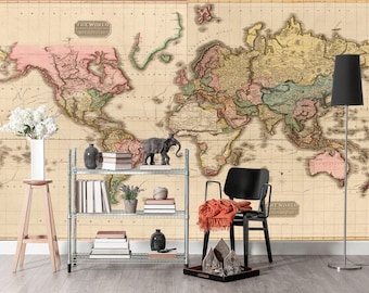 World Map Wallpaper Mural / Large Wall Murals / Non Woven Wallpaper / Self Adhesive Wallpaper World Map /Removable Wallpaper World Map KM559