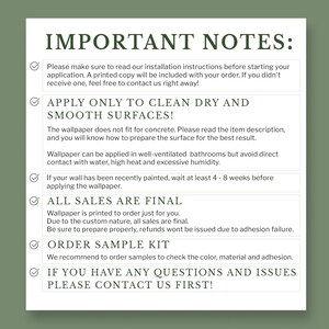 important notes for a product, likely a wallpaper, with instructions and information about its use.