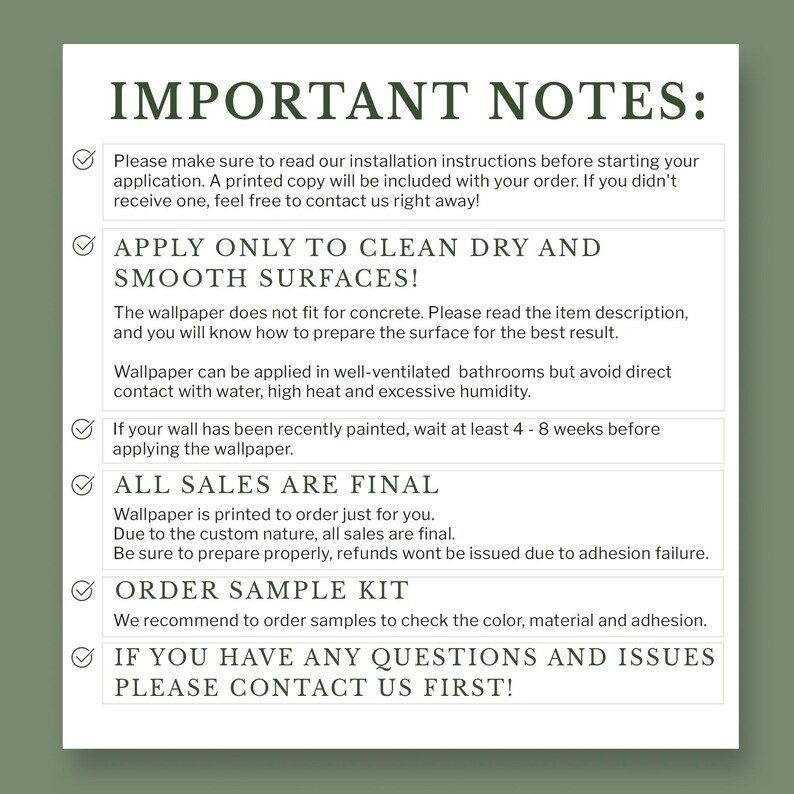 important notes for a product, likely a wallpaper, with instructions and information about its use.