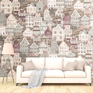 Town Wall Mural Removable. City Wallpaper Living Room. Buildings Houses Wall Decor Kids. Brown Cityscape Wallpaper Roll Peel & Stick KM543