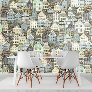 City Wallpaper Any Room. Town Wall Mural Boys Room Removable. Buildings Houses Wall Decor. Blue Cityscape Wallpaper Roll Non Woven KM543