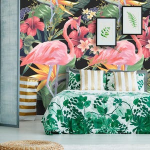 Flamingo Wallpaper. Self Adhesive Removable Wallpaper. Floral Wallpaper. Tropic Wallpaper. Non Woven Wallpaper. Watercolor Flowers Mural Z3