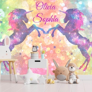 Unicorn Wallpaper Twins Room. Custom Name Wall Mural Girls Bedroom Self Adhesive Rainbow Wallpaper Girls Room Accent Wall for Sisters KM448 image 1