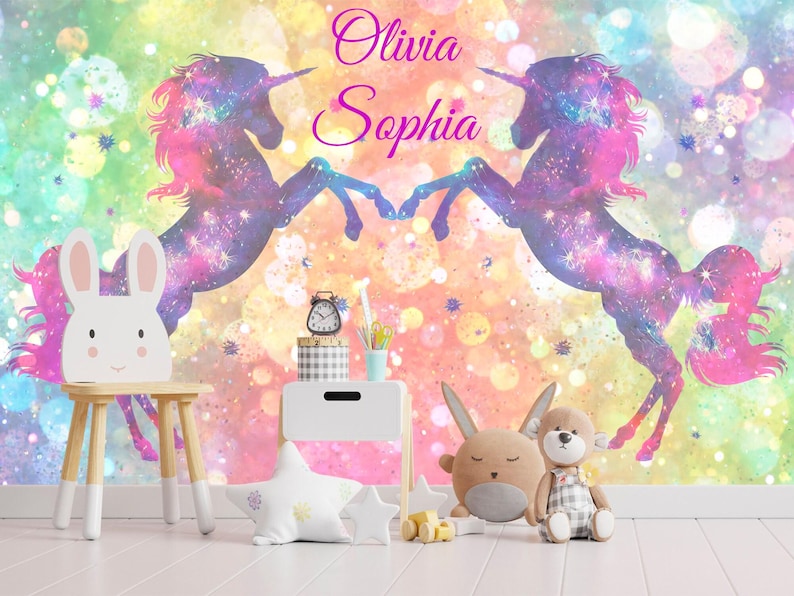 Unicorn Wallpaper Twins Room. Custom Name Wall Mural Girls Bedroom Self Adhesive Rainbow Wallpaper Girls Room Accent Wall for Sisters KM448 image 1