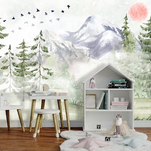 Woodland Wallpaper Nursery Removable, Mountain Wall Mural Toddler Room, Forest Accent Wallpaper Unisex, Watercolor Landscape Wall Paper Kids