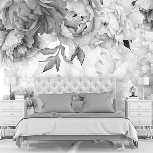 Peonies Wallpaper Removable Floral Wall Mural Bedroom Peony Flowers Wallpaper Peel and Stick Girl Nursery  Black White Peony Boho Decor Grey