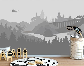 Castle Wallpaper Boys Room Self Adhesive Woodland Wallpaper Mural for Kids Removable Grey Wizard's Castle Wall Mural Forest Non Woven