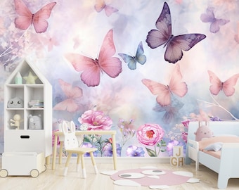 Butterfly Wallpaper Girls Room Removable, Floral Wall Paper Nursery, Flower Wall Mural Baby Girl Nursery Peel and Stick Butterfly Wall Decor