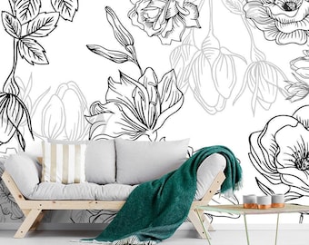 Floral Wallpaper Black and White /  Self Adhesive Wallpaper / Flowers Wall Mural / Watercolor Wallpaper / Floral Wallpaper Removable Z115